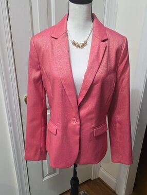 LIZ CLAIBORNE BRAND WOMEN'S GOLDTONE SPARKLES RED LINED BLAZER JACKET SIZE 10